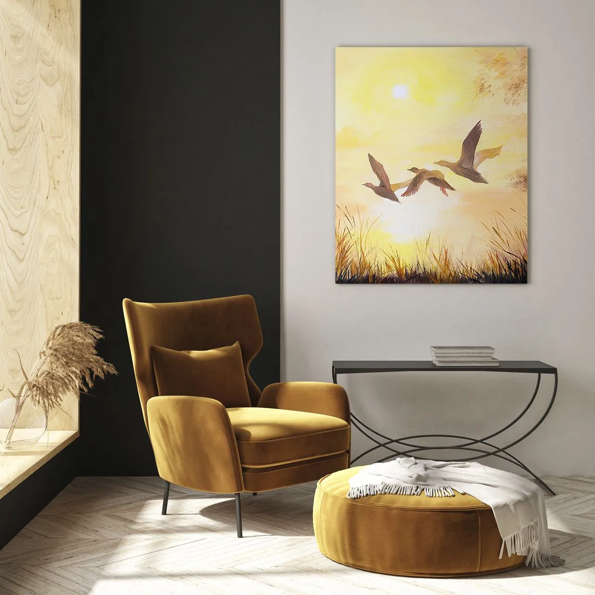 Glasbild - Bild auf glas - Drei Enten fliegen bei Sonnenaufgang über einen See - 50x70cm - Der Beginn einer langen Reise - Moderne Wanddekoration für Wohnzimmer und Schlafzimmer ARTTOR