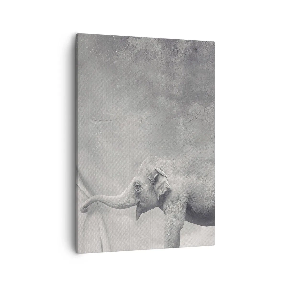 Bild auf Leinwand - Leinwandbild - Ein Elefant, der in einer surrealen Schwarzweißaufnahme den Vorhang zurückzieht - 50x70cm - Enthülle das Geheimnis - Moderne Wanddekoration für Wohnzimmer und Schlafzimmer ARTTOR