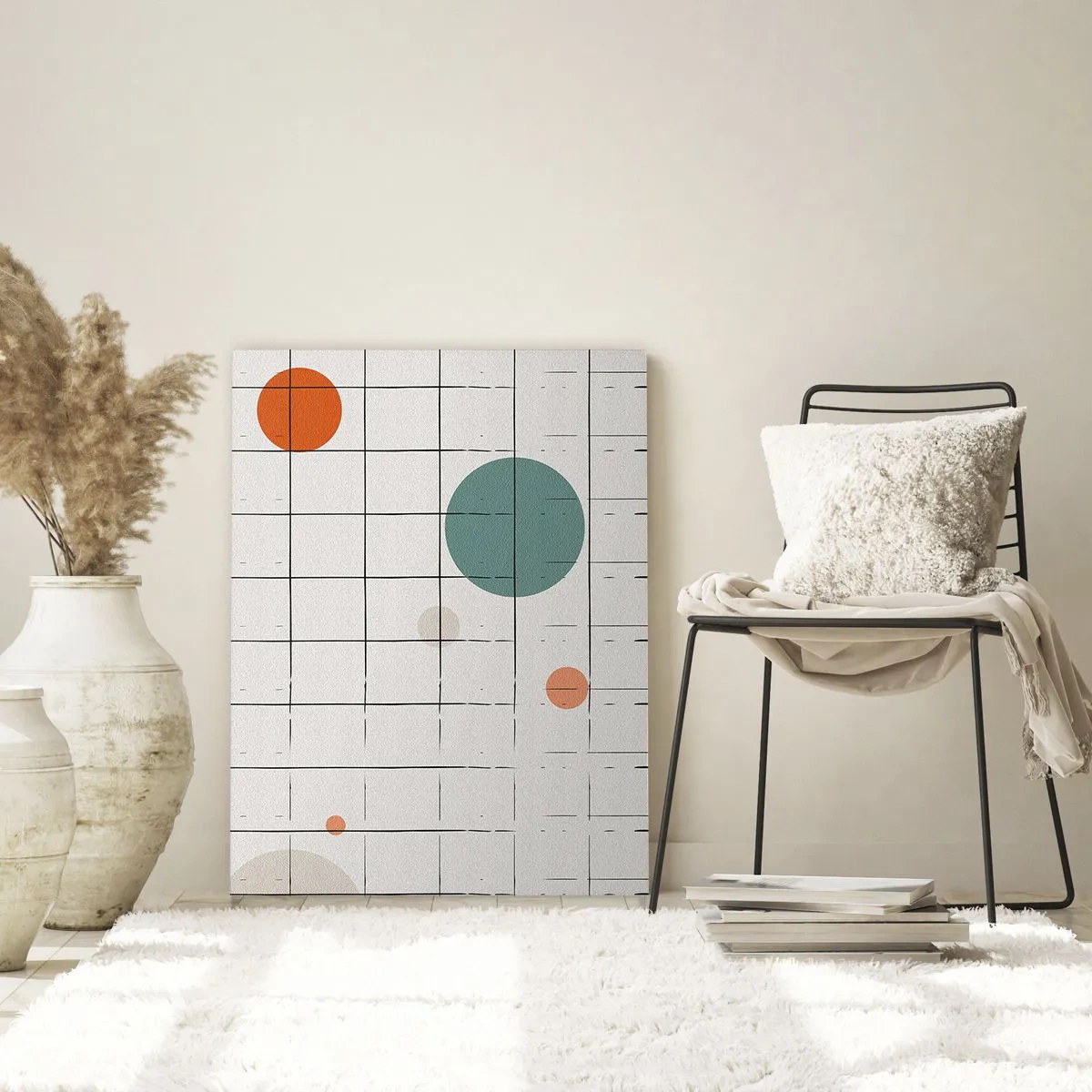 Glasbild - Bild auf glas - Abstrakte farbige Kreise auf einem geometrischen Gitterhintergrund - 80x120cm - Gefangen. Wir oder sie? - Moderne Wanddekoration für Wohnzimmer und Schlafzimmer ARTTOR