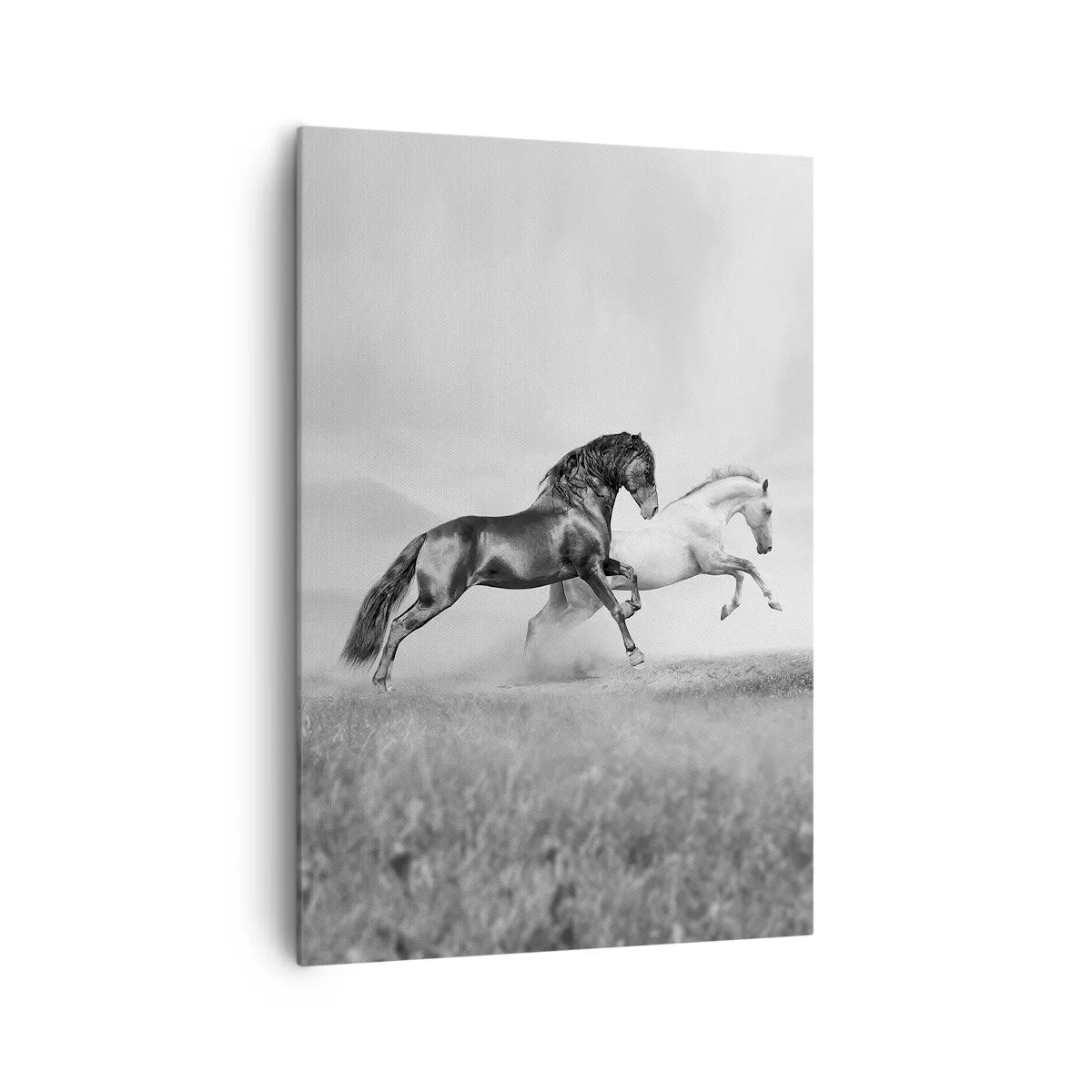 Bild auf Leinwand - Leinwandbild - Zwei galoppierende Pferde in einer dynamischen Schwarz-Weiß-Komposition - 70x100cm - Engel und Dämonen - Moderne Wanddekoration für Wohnzimmer und Schlafzimmer ARTTOR