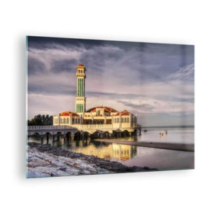 Glasbild - Bild auf glas - Moschee am Wasser in malerischem Licht - 70x50cm - Tempel der Natur - Moderne Wanddekoration für Wohnzimmer und Schlafzimmer ARTTOR