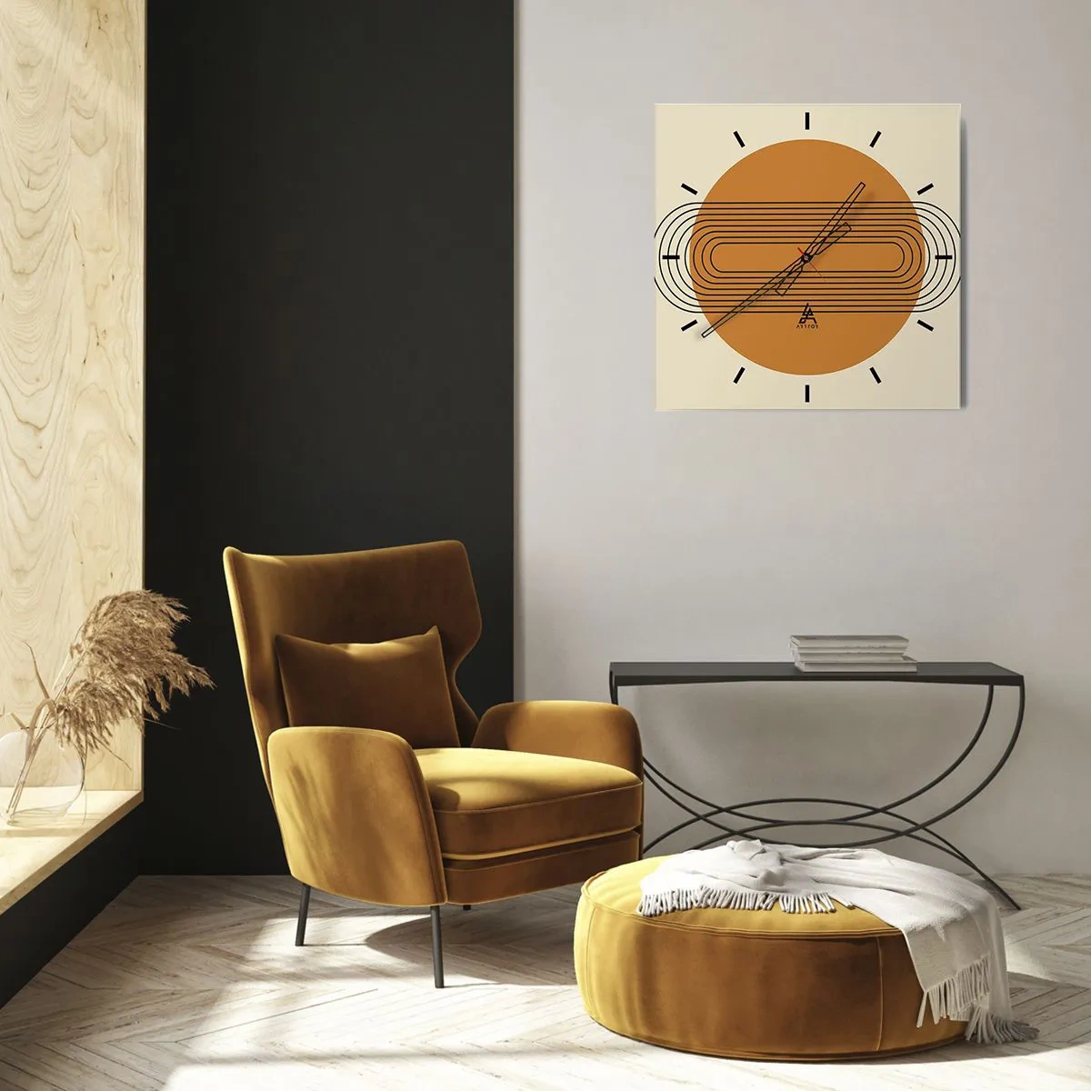 Wanduhr - Glasuhr - Geometrisches Muster mit orangefarbenen Kreisen und Linien - 30x30cm - Perfekter Plan - Moderne Wanddekoration für Wohnzimmer und Schlafzimmer ARTTOR