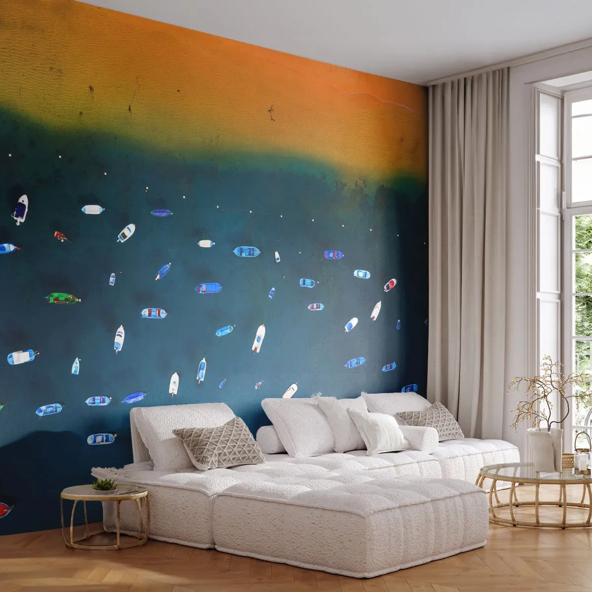 Fototapete Premium Sand - Eine Drohnenansicht bunter Boote am Strand. - 100x70cm - Feiertagsspiel - Moderne Wanddekoration für Wohnzimmer und Schlafzimmer ARTTOR