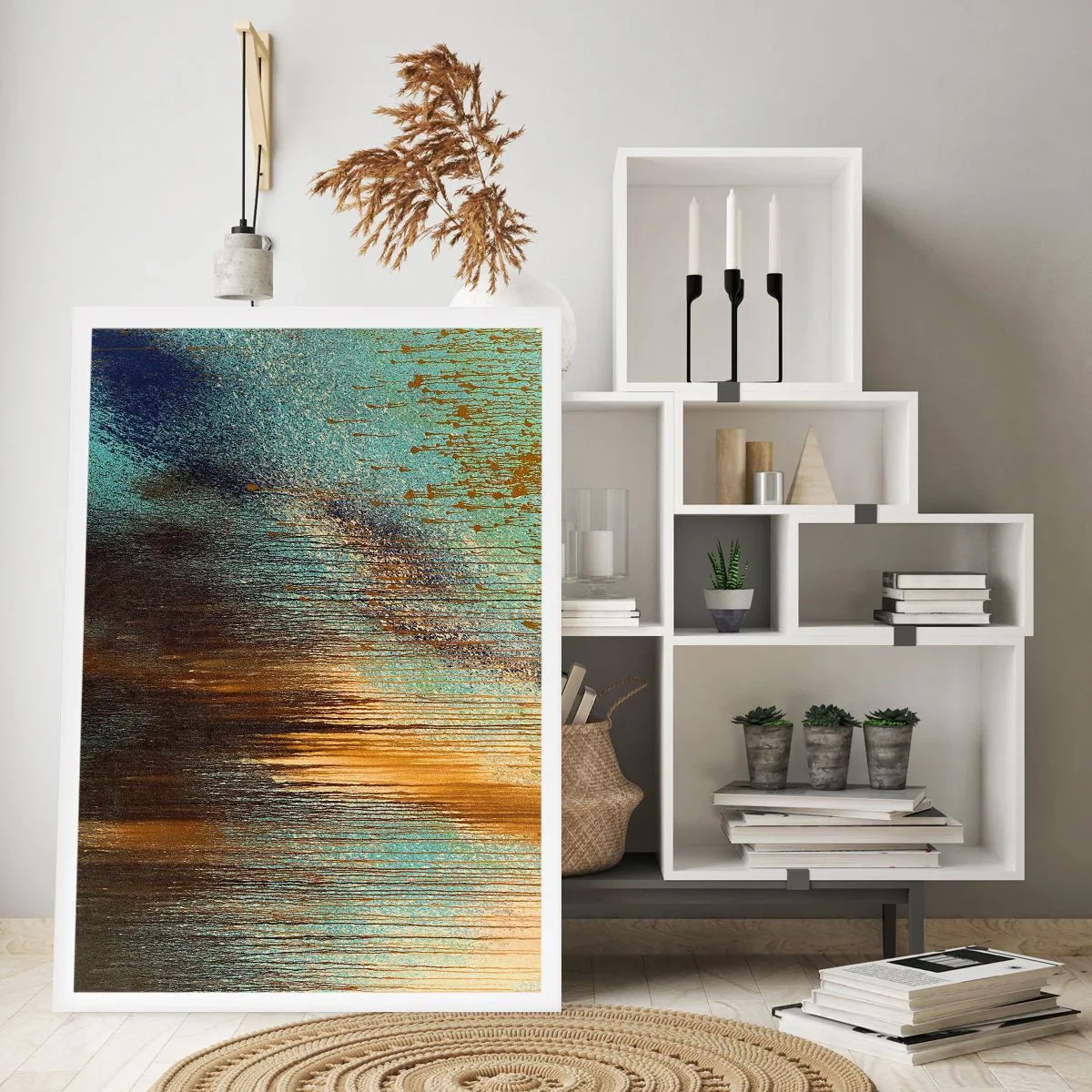 Poster - Eine abstrakte Komposition aus goldenen und blauen Pinselstrichen. - 50x70cm - Eine nicht zufällige farbenfrohe Komposition - Moderne Wanddekoration für Wohnzimmer und Schlafzimmer ARTTOR