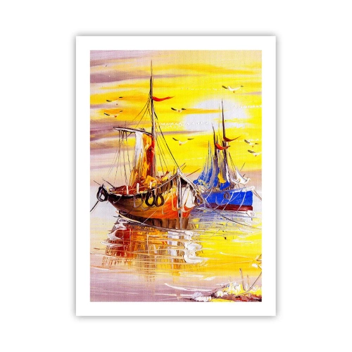 Poster - Bunte Segelboote bei Sonnenuntergang - 50x70cm - Eine wohlverdiente Pause im Hafen - Moderne Wanddekoration für Wohnzimmer und Schlafzimmer ARTTOR