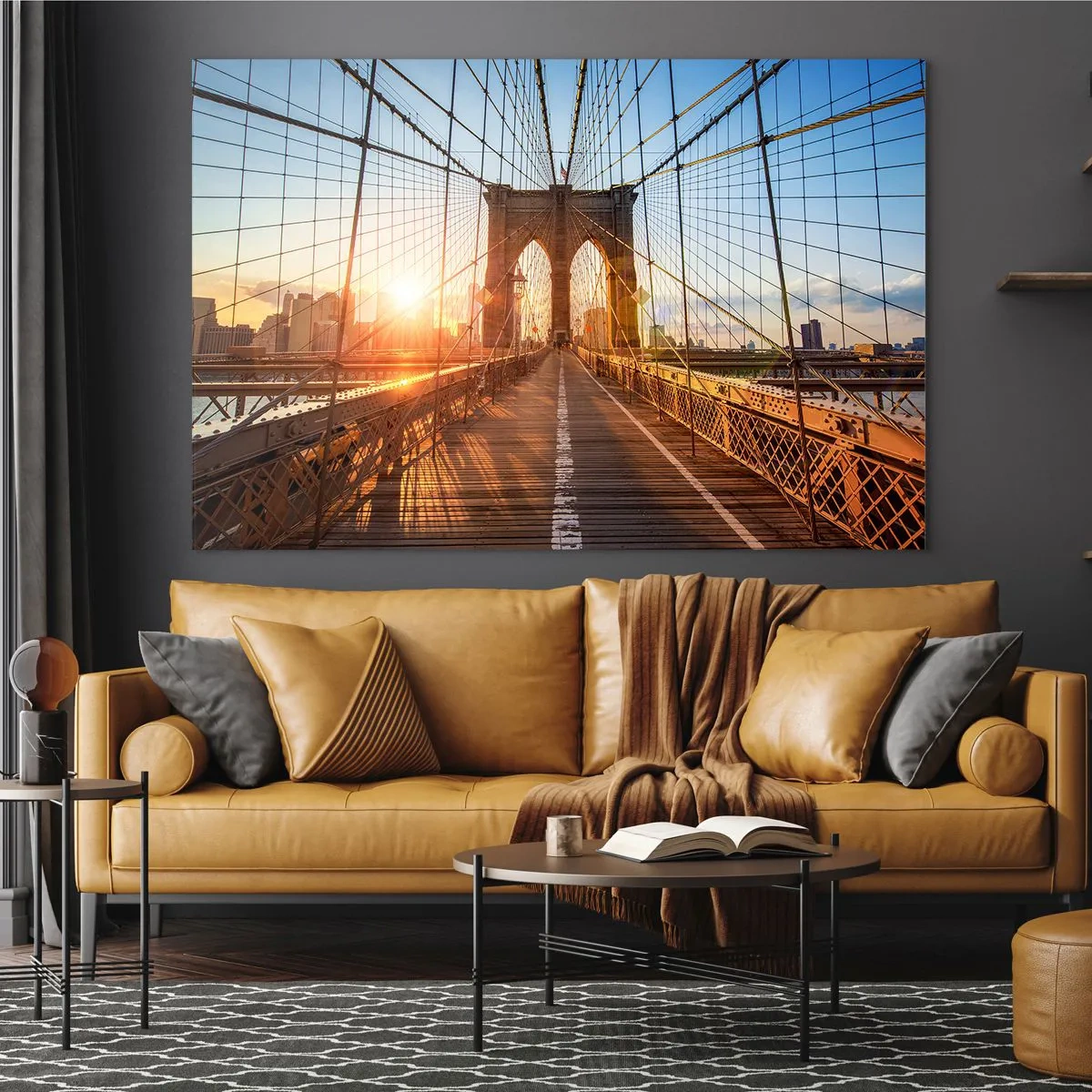 Glasbild - Bild auf glas - Sonnenuntergang auf der Brooklyn Bridge in New York - 70x50cm - Auf der goldenen Brücke - Moderne Wanddekoration für Wohnzimmer und Schlafzimmer ARTTOR