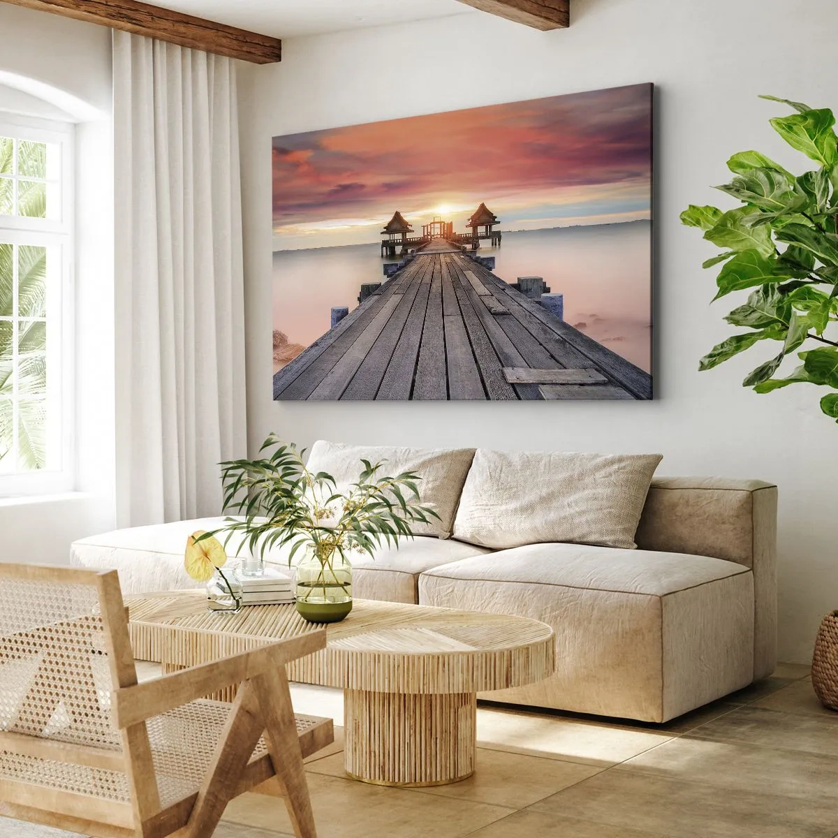 Bild auf Leinwand - Leinwandbild - Holzsteg führt zu Pavillons bei Sonnenuntergang - 70x50cm - Westen im Osten - Moderne Wanddekoration für Wohnzimmer und Schlafzimmer ARTTOR