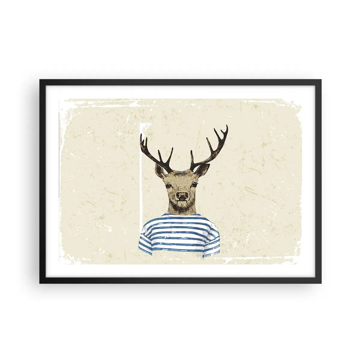 Poster in einem schwarzem Rahmen - Ein Hirsch im gestreiften Hemd auf hellem Hintergrund mit zarter Textur - 70x50cm - Weil ich gestreifte T-Shirts mag! - Moderne Wanddekoration für Wohnzimmer und Schlafzimmer ARTTOR