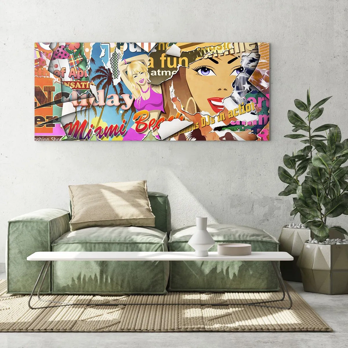 Glasbild - Bild auf glas - Eine farbenfrohe Collage mit Retro- und Pop-Art-Elementen. - 140x50cm - Sommer Rückblicke - Moderne Wanddekoration für Wohnzimmer und Schlafzimmer ARTTOR