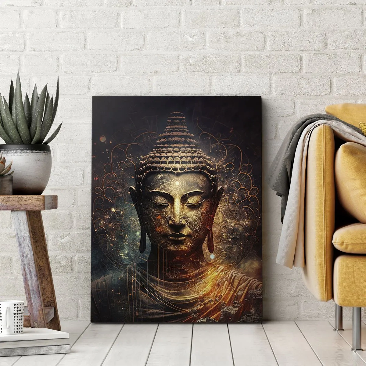 Bild auf Leinwand - Leinwandbild - Goldener Buddha auf dunklem Hintergrund mit Ornamenten - 80x120cm - Spirituelles Gleichgewicht - Moderne Wanddekoration für Wohnzimmer und Schlafzimmer ARTTOR
