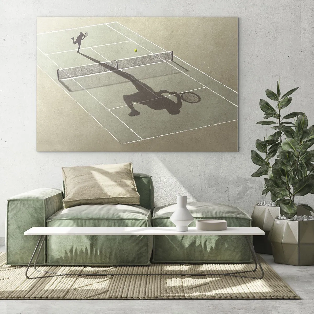 Glasbild - Bild auf glas - Die Figur eines Tennisspielers und sein Schatten auf dem Platz während eines Aufschlags - 100x70cm - Überwinde dich selbst - Moderne Wanddekoration für Wohnzimmer und Schlafzimmer ARTTOR