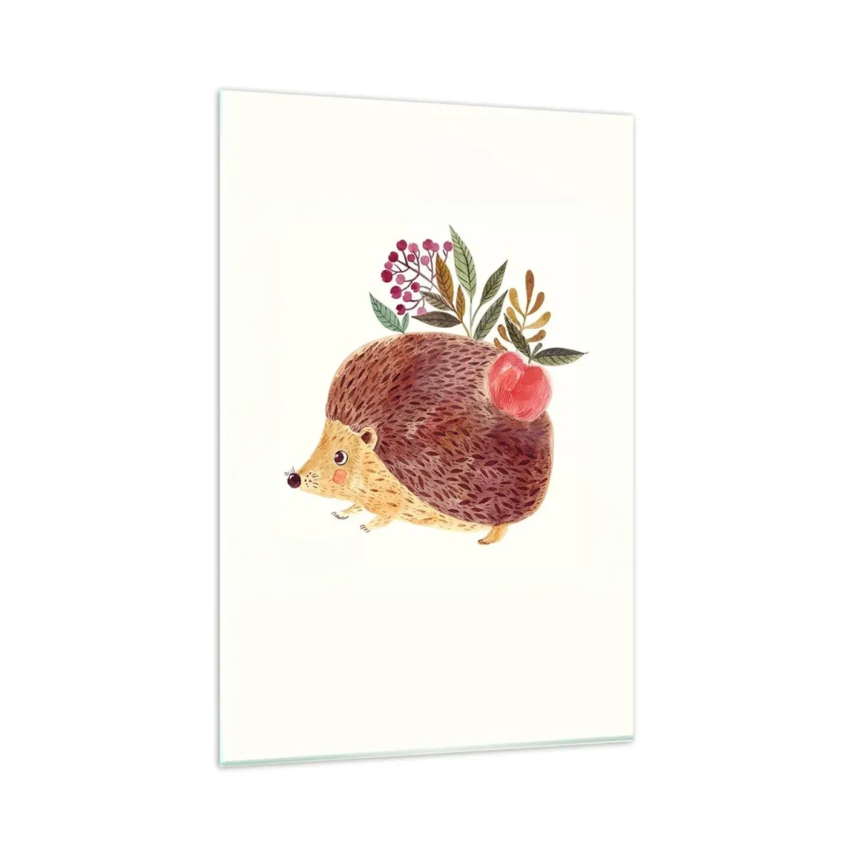 Glasbild - Bild auf glas - Ein süßer Igel mit einem Apfel und Pflanzen im illustrativen Stil - 80x120cm - Und dann magst du mich schon - Moderne Wanddekoration für Wohnzimmer und Schlafzimmer ARTTOR