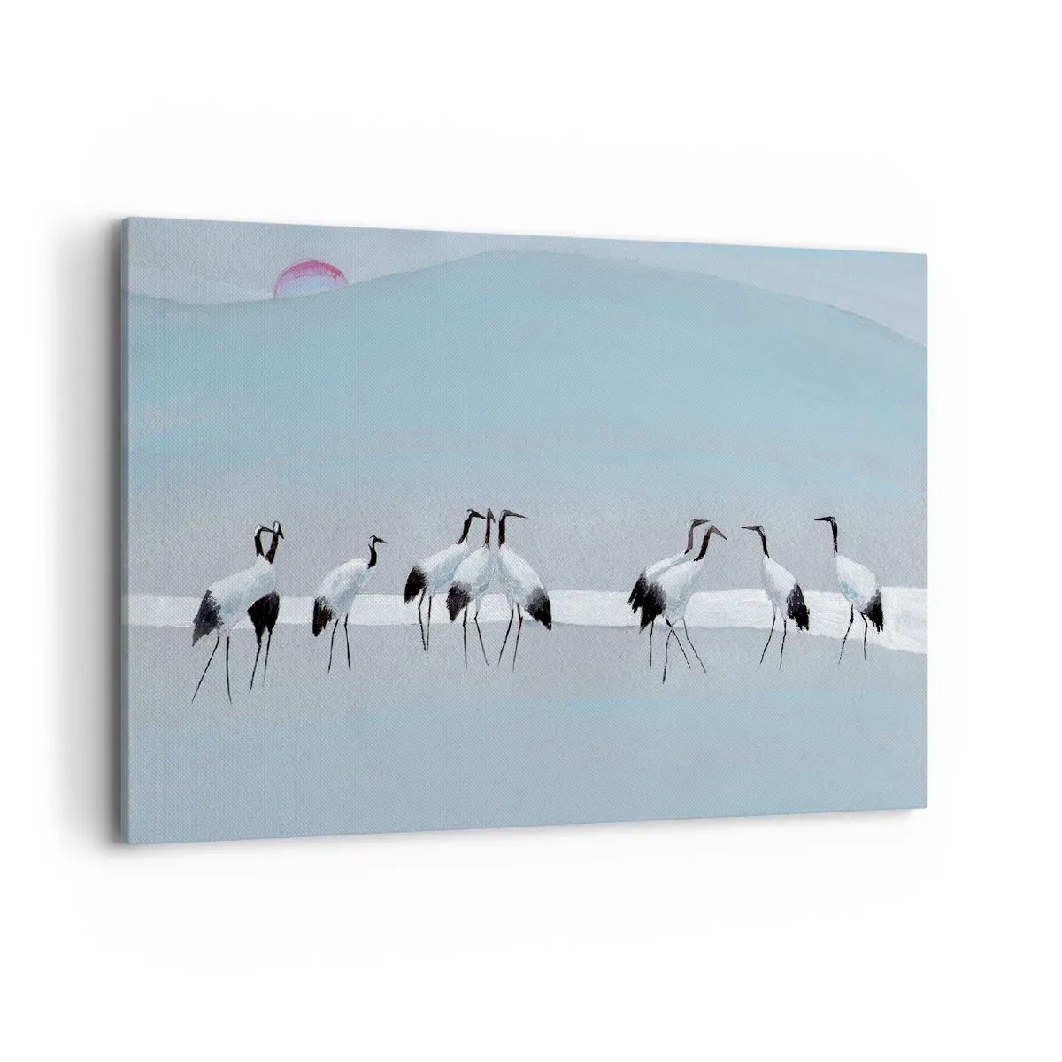 Bild auf Leinwand - Leinwandbild - Eine Gruppe von Kranichen vor blauem Himmel und der aufgehenden Sonne - 120x80cm - Nach einem heißen Tag - Moderne Wanddekoration für Wohnzimmer und Schlafzimmer ARTTOR