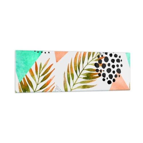 Glasbild - Bild auf glas - Tropisches Muster mit Blättern und geometrischen Formen - 160x50cm - Dekoration mit Palmblatt - Moderne Wanddekoration für Wohnzimmer und Schlafzimmer ARTTOR