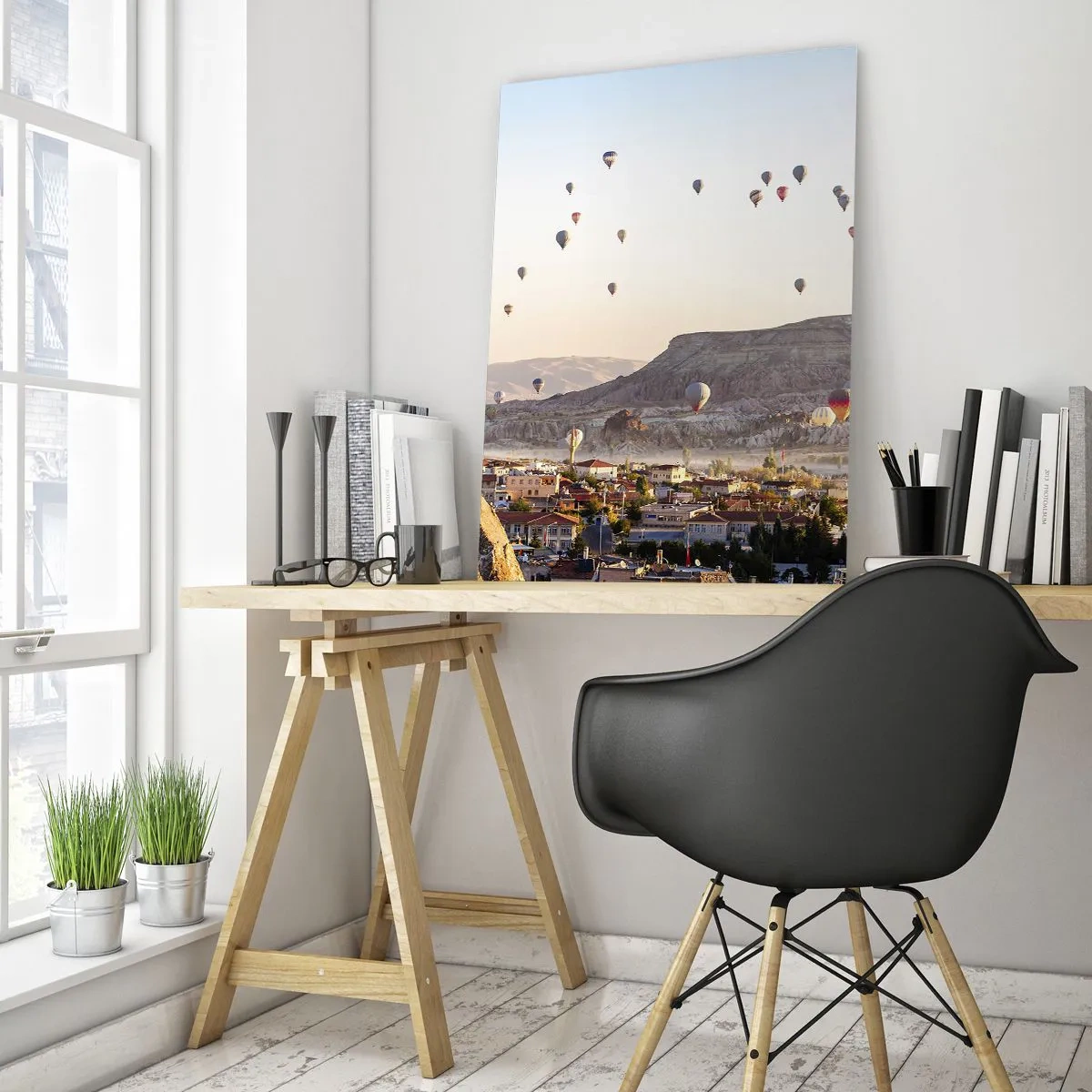 Glasbild - Bild auf glas - Kappadokien mit Ballons vor der Kulisse malerischer Hügel - 80x120cm - Wie Schiffe am Himmel - Moderne Wanddekoration für Wohnzimmer und Schlafzimmer ARTTOR