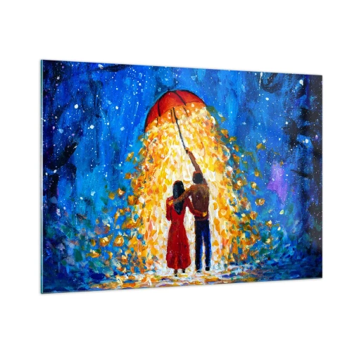 Glasbild - Bild auf glas - Ein Paar unter einem Regenschirm, umgeben von goldenem Licht vor dem Nachthimmel - 100x70cm - Zauber eines Regenabends? - Moderne Wanddekoration für Wohnzimmer und Schlafzimmer ARTTOR