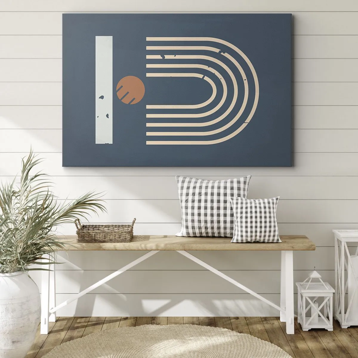 Bild auf Leinwand - Leinwandbild - Geometrisches Muster in Marineblau-, Beige- und Orangetönen auf dunklem Hintergrund - 70x50cm - Geometrie auf dem Granatapfel - Moderne Wanddekoration für Wohnzimmer und Schlafzimmer ARTTOR