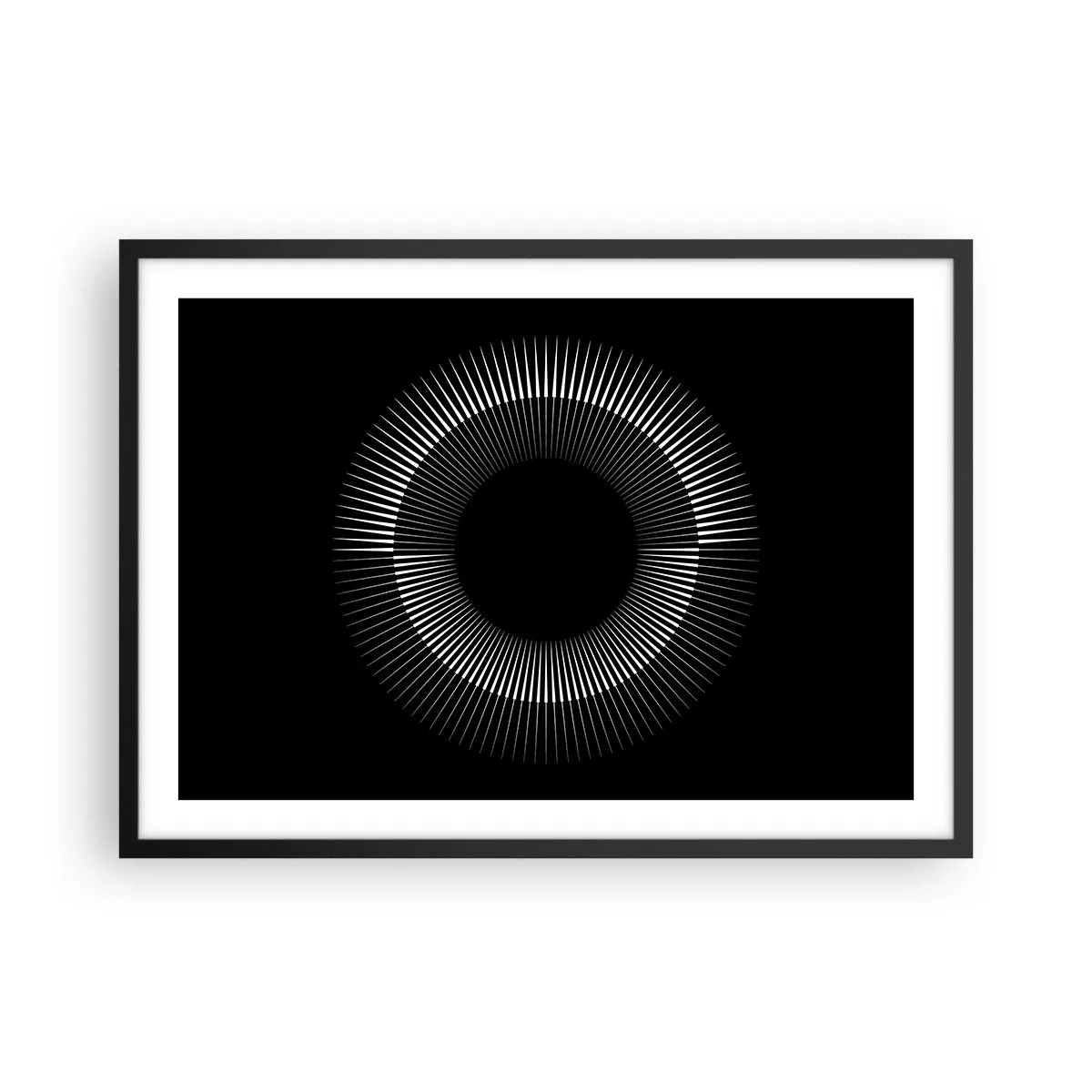 Poster in einem schwarzem Rahmen - Grafischer Kreis mit Strahlen in Schwarz und Weiß - 70x50cm - Schwarze Sonne - Moderne Wanddekoration für Wohnzimmer und Schlafzimmer ARTTOR
