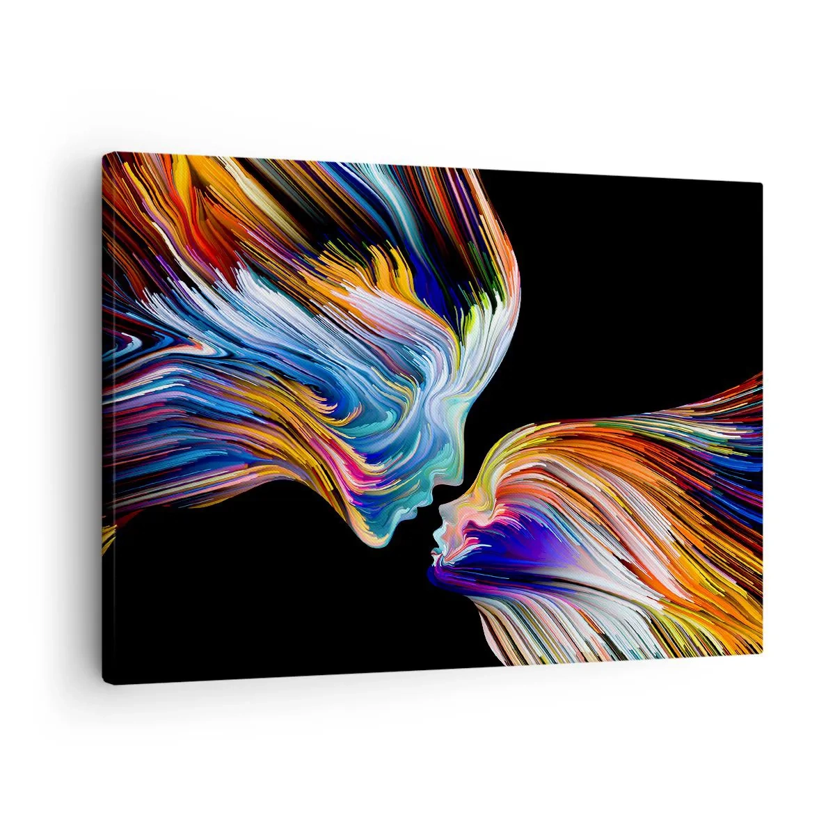 Bild auf Leinwand - Leinwandbild - Bunte Silhouetten von Gesichtern in dynamischen Strömen auf schwarzem Hintergrund - 70x50cm - Eine Verschmelzung von Energie und Licht - Moderne Wanddekoration für Wohnzimmer und Schlafzimmer ARTTOR