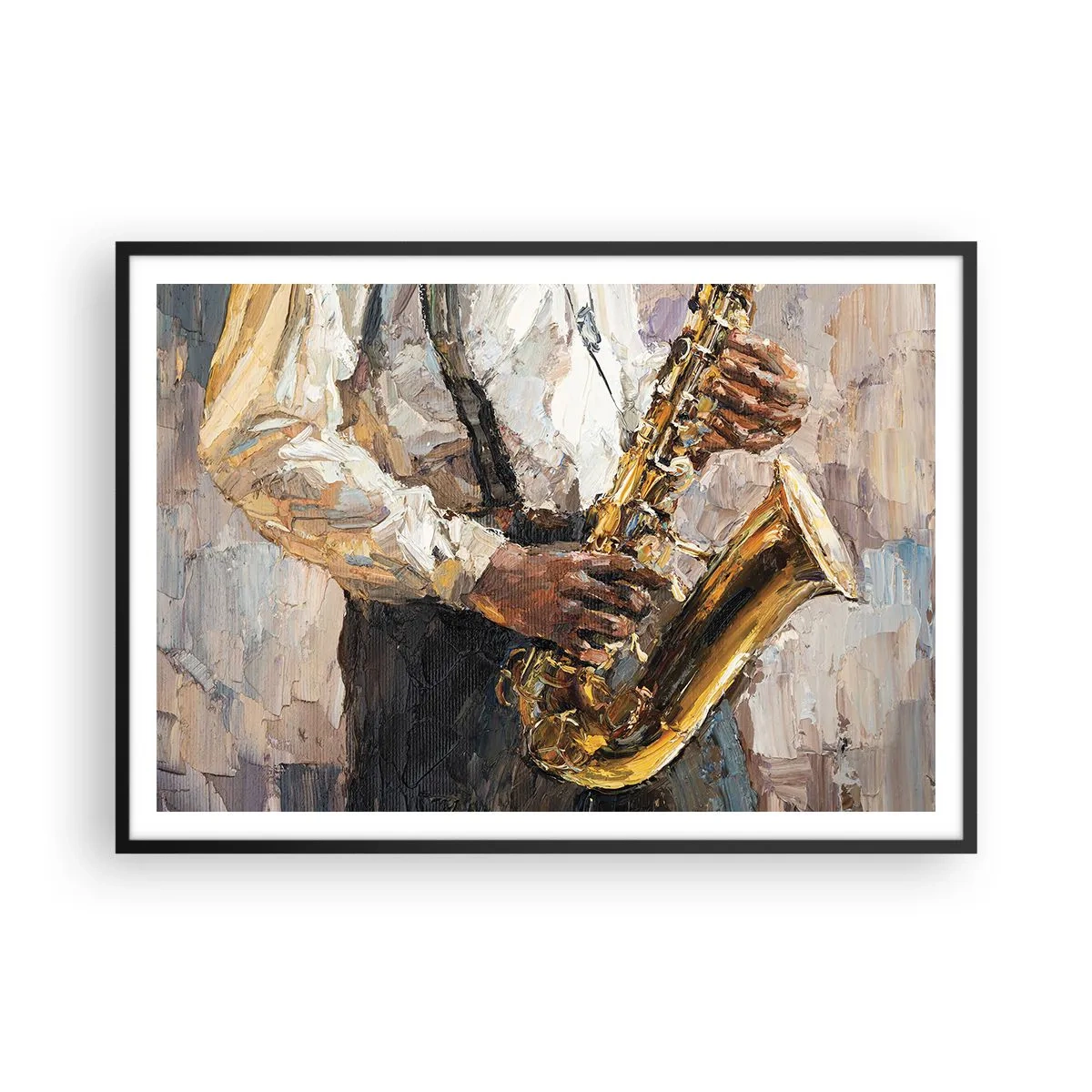 Poster in einem schwarzem Rahmen - Ein Musiker, der Saxophon in einem künstlerischen Stil spielt - 100x70cm - Zeit fürs Solo - Moderne Wanddekoration für Wohnzimmer und Schlafzimmer ARTTOR