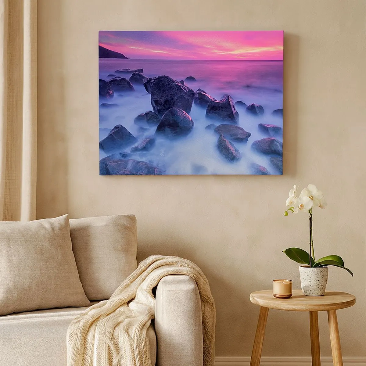 Bild auf Leinwand - Leinwandbild - Felsige Küste bei Sonnenuntergang - 70x50cm - Geburt bei Licht und Nebel - Moderne Wanddekoration für Wohnzimmer und Schlafzimmer ARTTOR