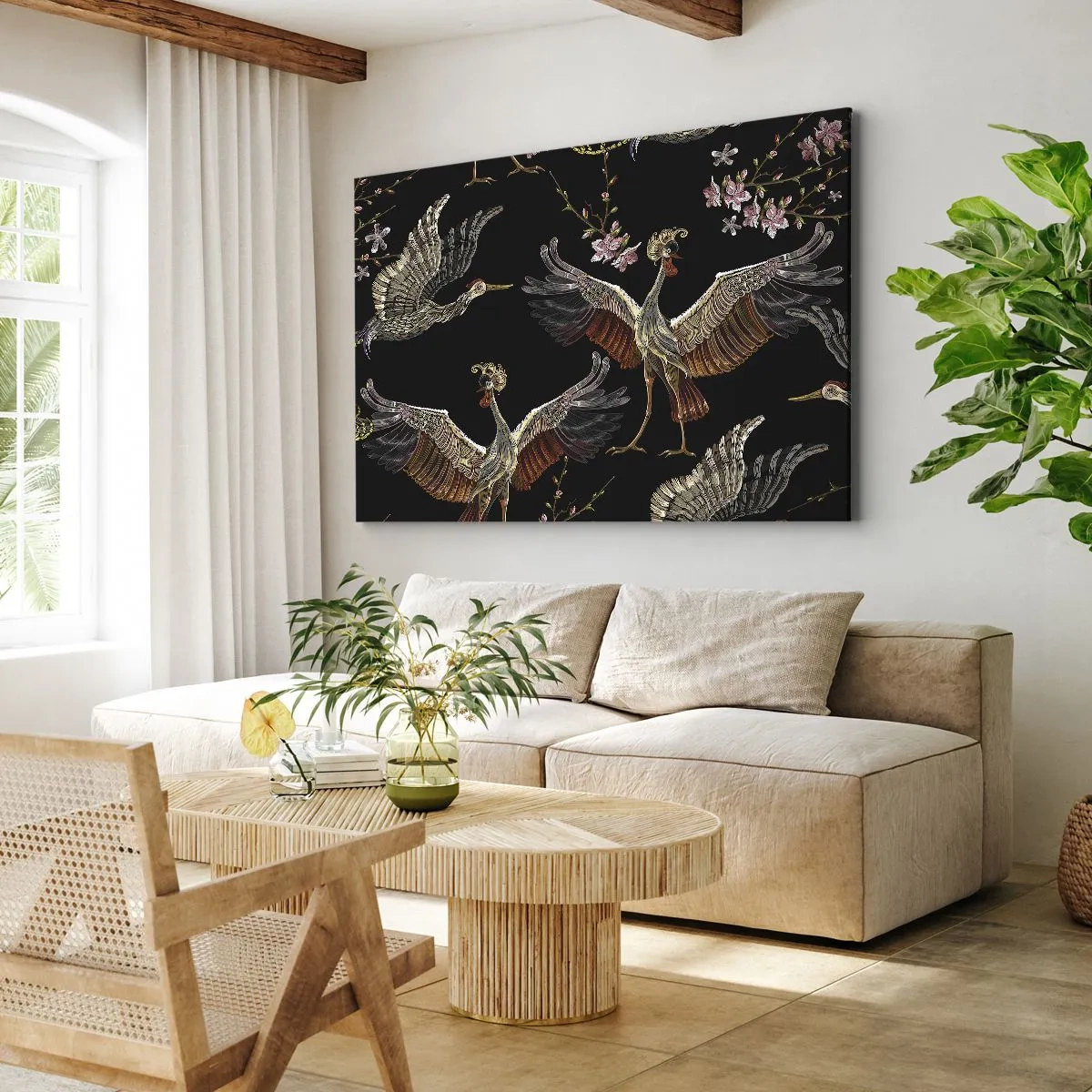 Bild auf Leinwand - Leinwandbild - Stilvolle Kraniche und Blumen auf schwarzem Hintergrund - 70x50cm - Märchenvogel - Moderne Wanddekoration für Wohnzimmer und Schlafzimmer ARTTOR
