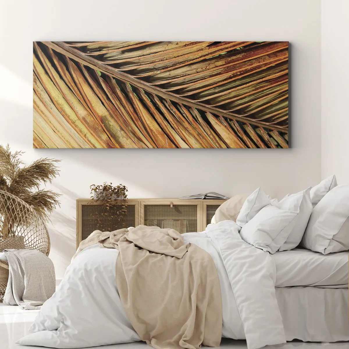 Bild auf Leinwand - Leinwandbild - Nahaufnahme eines trockenen Palmblattes in warmen Tönen - 120x50cm - Kokosnuss-Gold - Moderne Wanddekoration für Wohnzimmer und Schlafzimmer ARTTOR