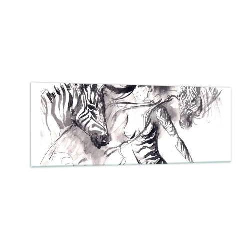 Glasbild - Bild auf glas - Eine Frau in einem dynamischen Tanz mit Zebras in einer Schwarz-Weiß-Ästhetik - 140x50cm - Tanzen mit den Zebras - Moderne Wanddekoration für Wohnzimmer und Schlafzimmer ARTTOR