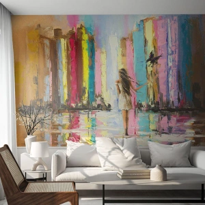 Fototapete Premium Sand - Eine Frau in einer bunten Stadt - 100x70cm - Folge mir - Moderne Wanddekoration für Wohnzimmer und Schlafzimmer ARTTOR