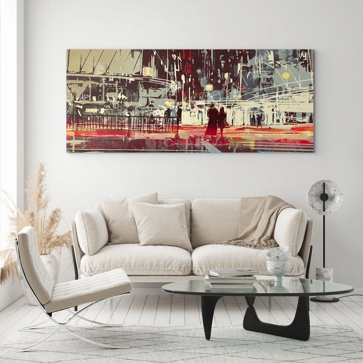 Glasbild - Bild auf glas - Stadt bei Nacht mit Neonlichtern und Silhouetten von Menschen auf der Straße - 160x50cm - Eine große Stadtüberquerung - Moderne Wanddekoration für Wohnzimmer und Schlafzimmer ARTTOR