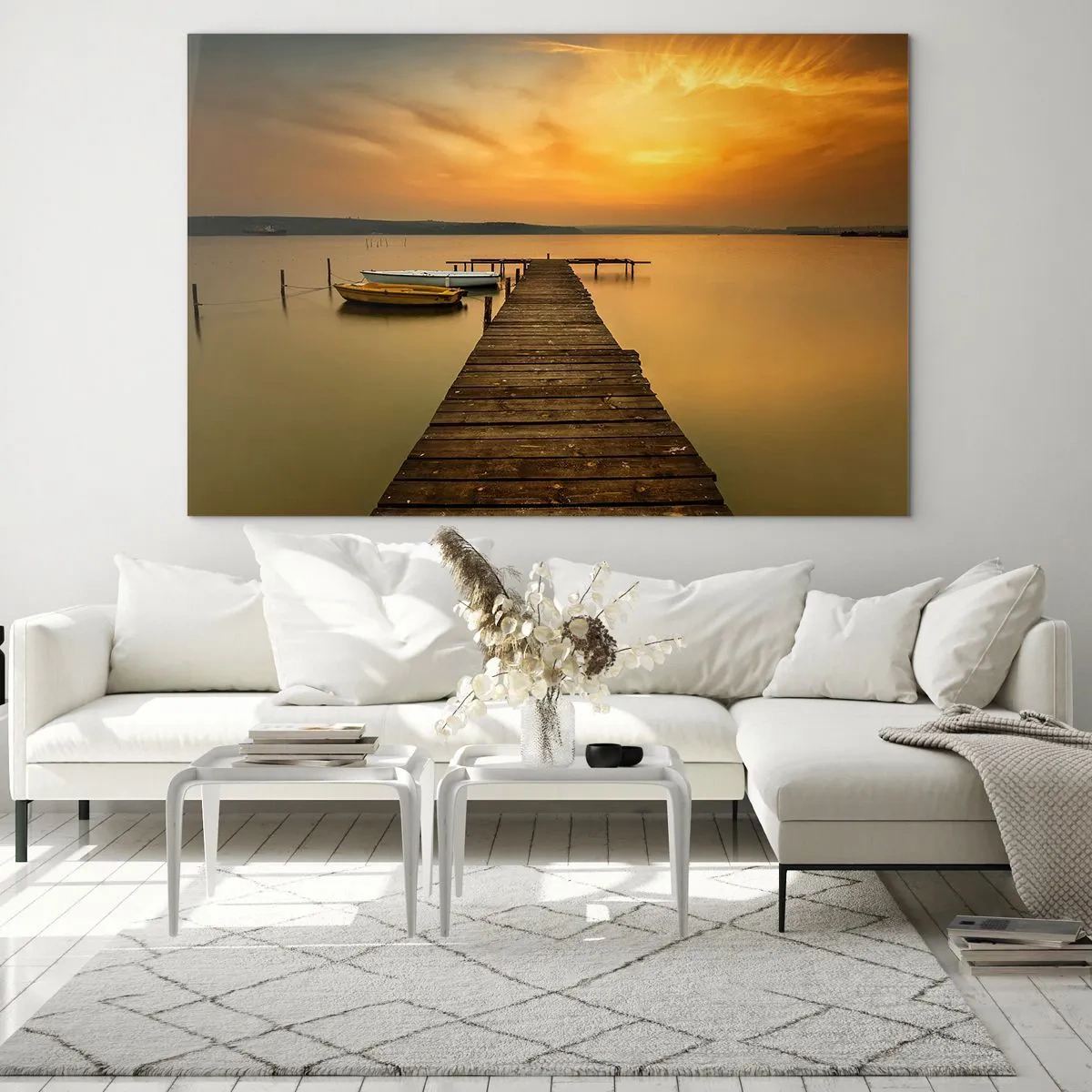 Glasbild - Bild auf glas - Pier auf dem See bei Sonnenuntergang mit einem Boot - 70x50cm - Ich werde dir den goldenen Himmel öffnen - Moderne Wanddekoration für Wohnzimmer und Schlafzimmer ARTTOR
