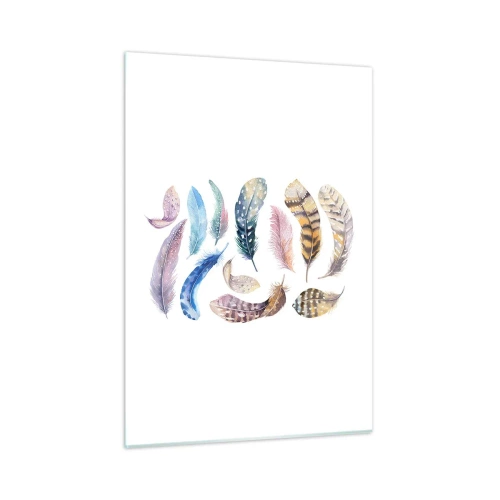 Glasbild - Bild auf glas - Bunte Federn im künstlerischen Stil auf weißem Hintergrund - 50x70cm - Hell, bunt und bunt - Moderne Wanddekoration für Wohnzimmer und Schlafzimmer ARTTOR