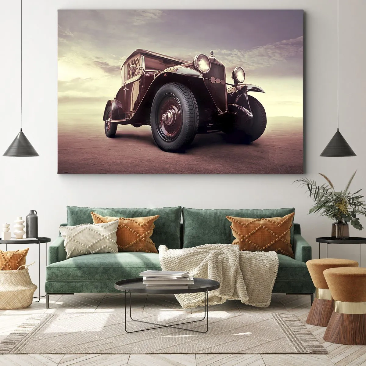 Bild auf Leinwand - Leinwandbild - Ein Oldtimer im klassischen Stil vor dem Himmel - 120x80cm - Gehen wir zurück wie in alten Zeiten ... - Moderne Wanddekoration für Wohnzimmer und Schlafzimmer ARTTOR