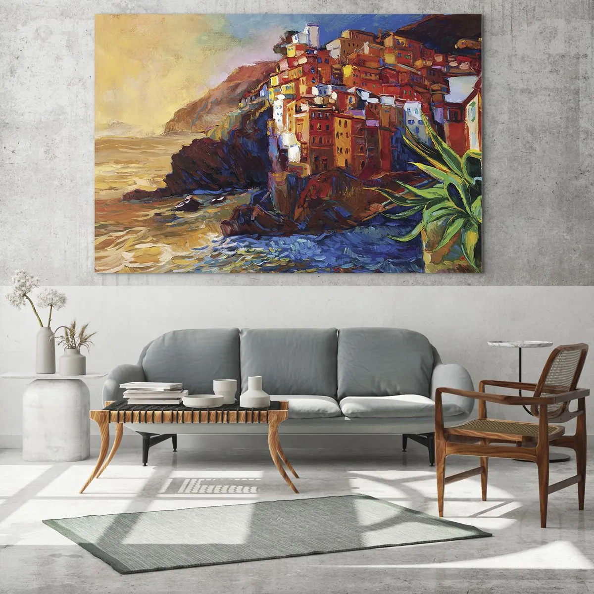 Glasbild - Bild auf glas - Eine farbenfrohe Stadt auf einer Klippe mit Blick auf das Meer - 100x70cm - Italienische Atmosphäre - Moderne Wanddekoration für Wohnzimmer und Schlafzimmer ARTTOR