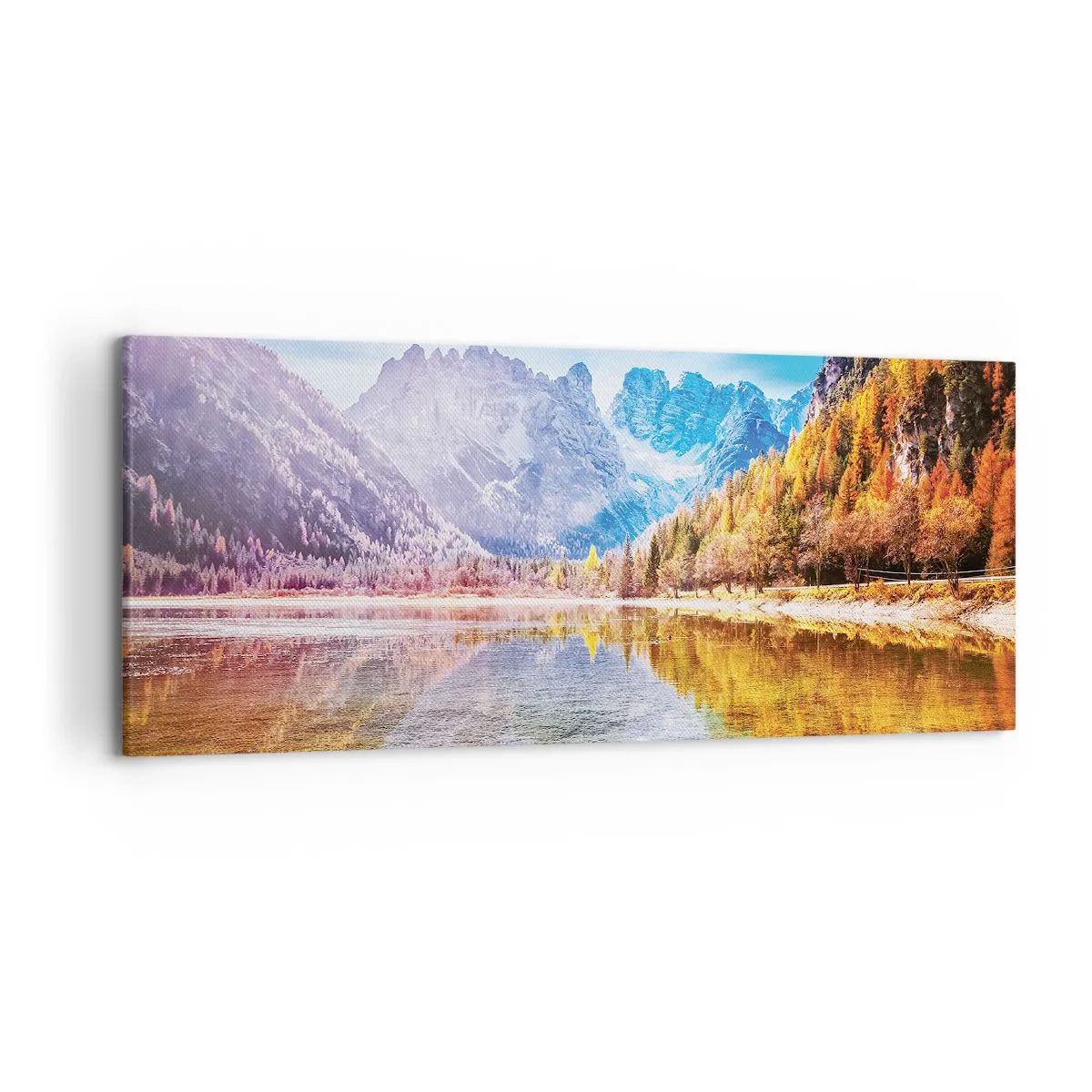 Bild auf Leinwand - Leinwandbild - Herbstliche Berglandschaft mit See - 120x50cm - Und in den Bergen ist es schon Herbst - Moderne Wanddekoration für Wohnzimmer und Schlafzimmer ARTTOR