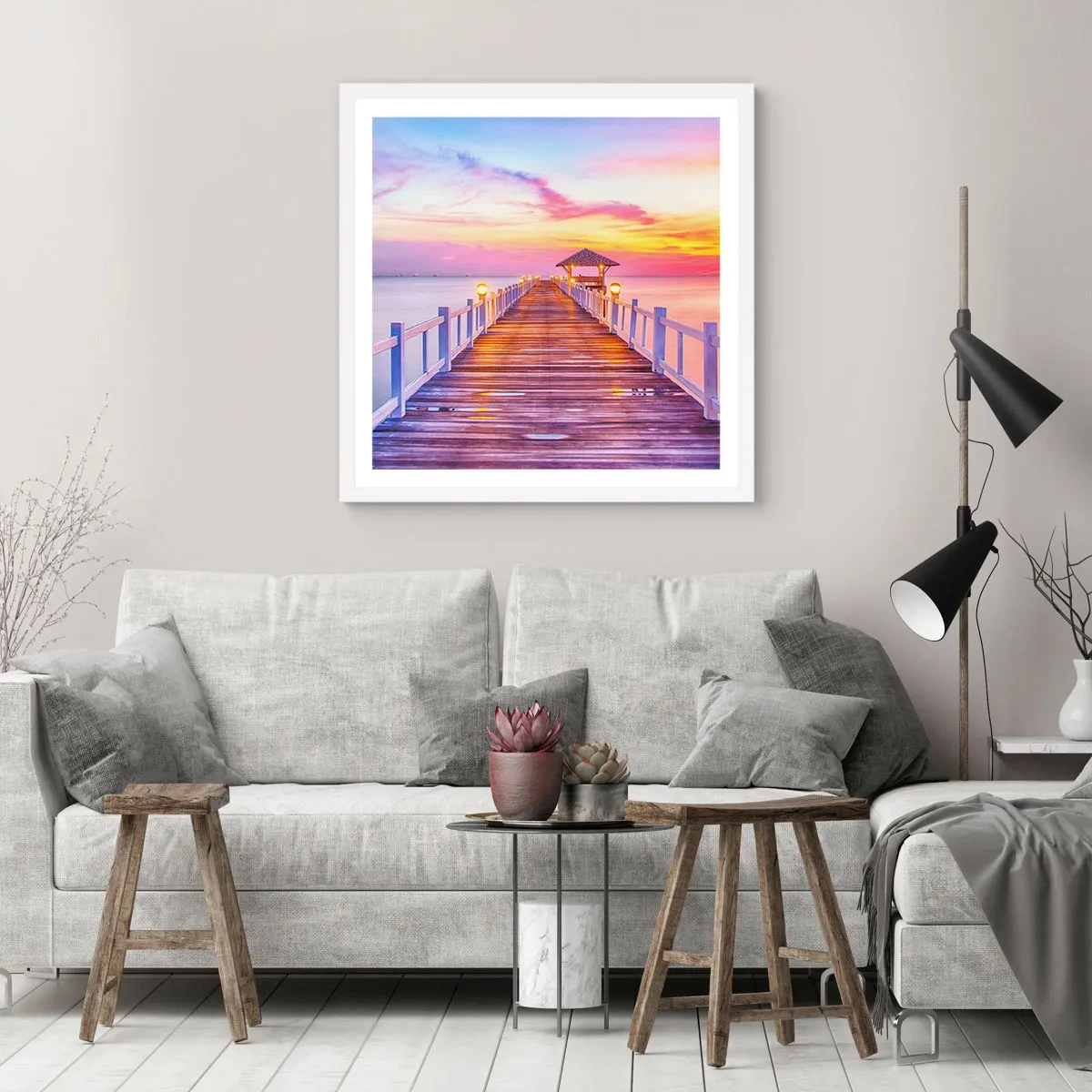 Poster in einem weißen Rahmen - Die lila-goldene Stille des Abends - 60x60 cm