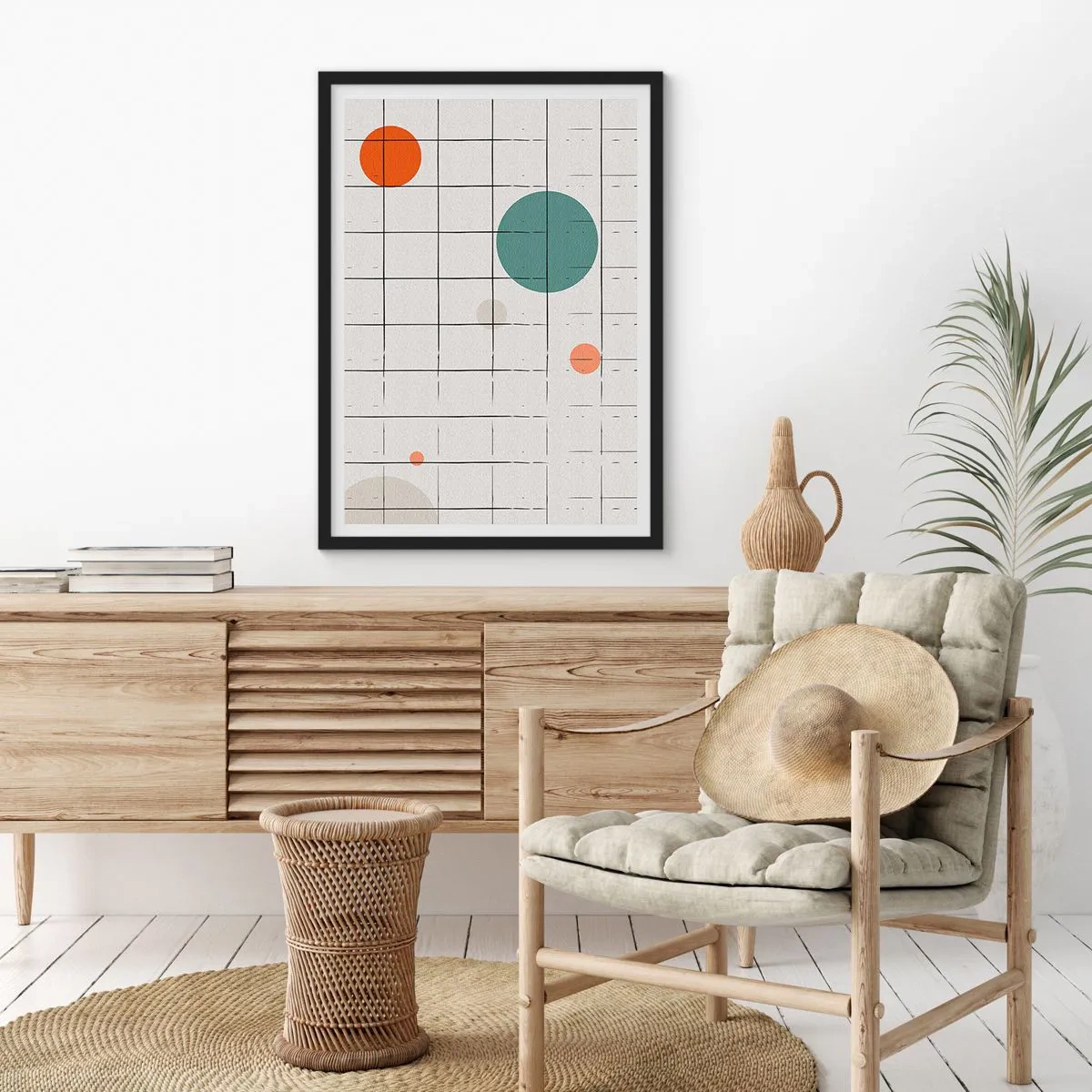 Poster in einem schwarzem Rahmen - Abstrakte Komposition aus einem Raster und farbigen Kreisen - 50x70cm - Gefangen. Wir oder sie? - Moderne Wanddekoration für Wohnzimmer und Schlafzimmer ARTTOR