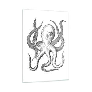 Glasbild - Bild auf glas - Schwarz-weiße Zeichnung eines Oktopus auf weißem Hintergrund - 50x70cm - Mit den Wellen tanzen - Moderne Wanddekoration für Wohnzimmer und Schlafzimmer ARTTOR