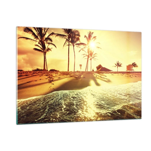 Glasbild - Bild auf glas - Goldener Strand mit Palmen bei Sonnenuntergang und ruhigem Meer - 120x80cm - Kalifornien am Nachmittag - Moderne Wanddekoration für Wohnzimmer und Schlafzimmer ARTTOR