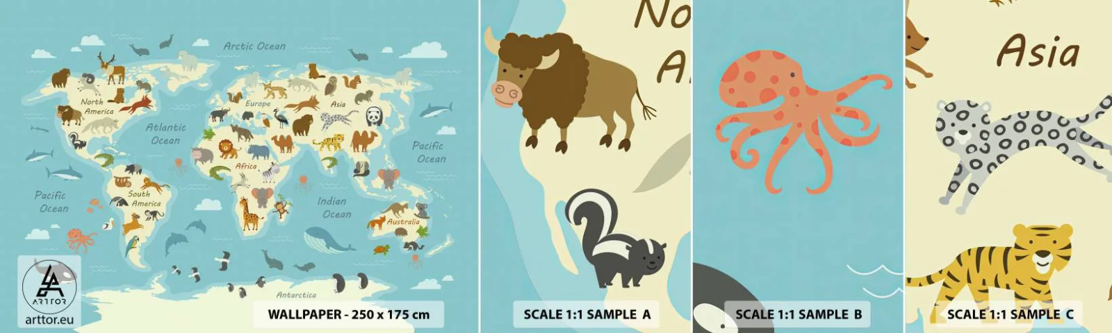 Fototapeten Muster Selbstklebend Deluxe Sticker - Gute Nachbarn - Weltkarte, Karte mit Tieren, Tiere - 100x30 cm