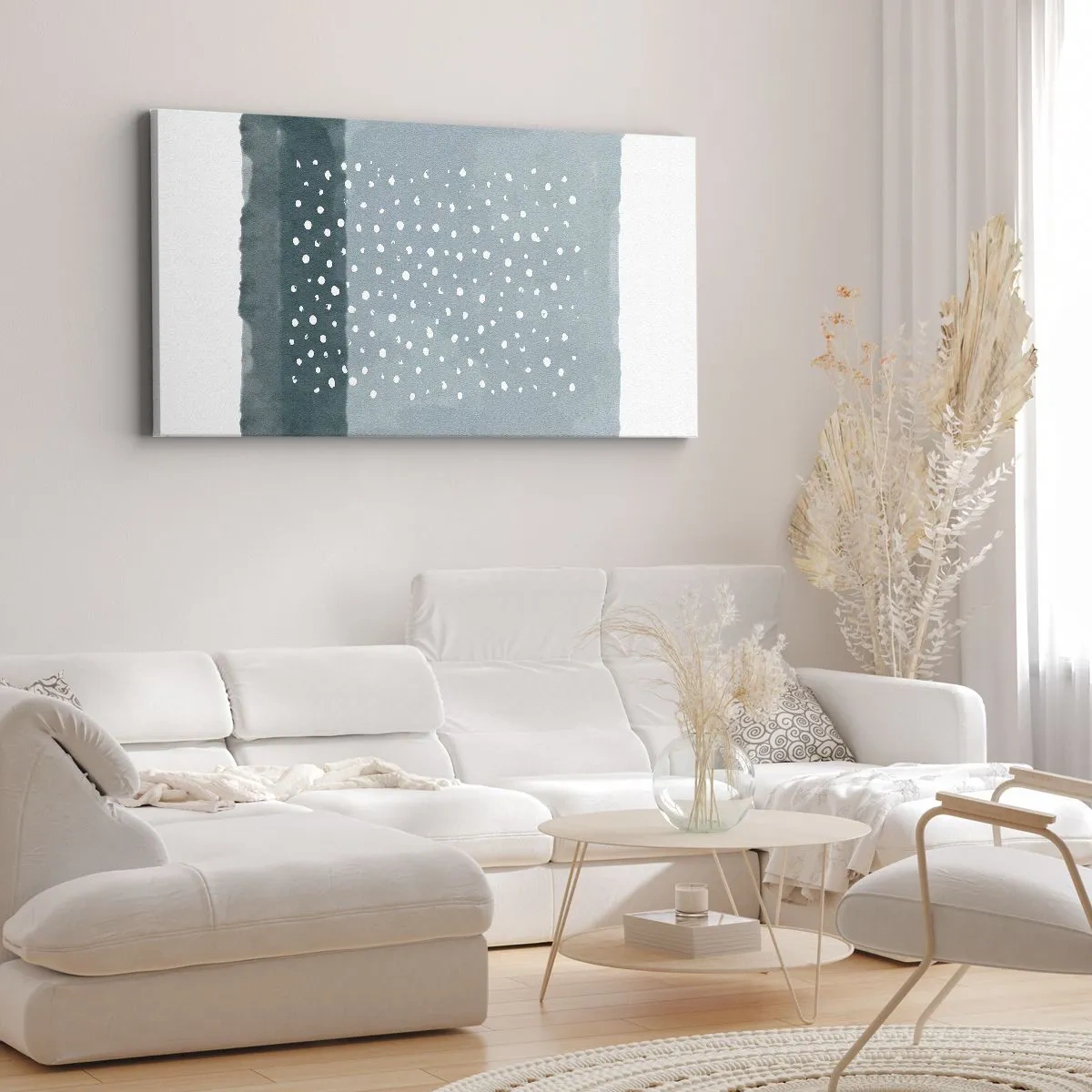 Bild auf Leinwand - Leinwandbild - Ein minimalistisches Gemälde in Blautönen mit Punkten - 140x50cm - Auf Blau gewachsen - Moderne Wanddekoration für Wohnzimmer und Schlafzimmer ARTTOR