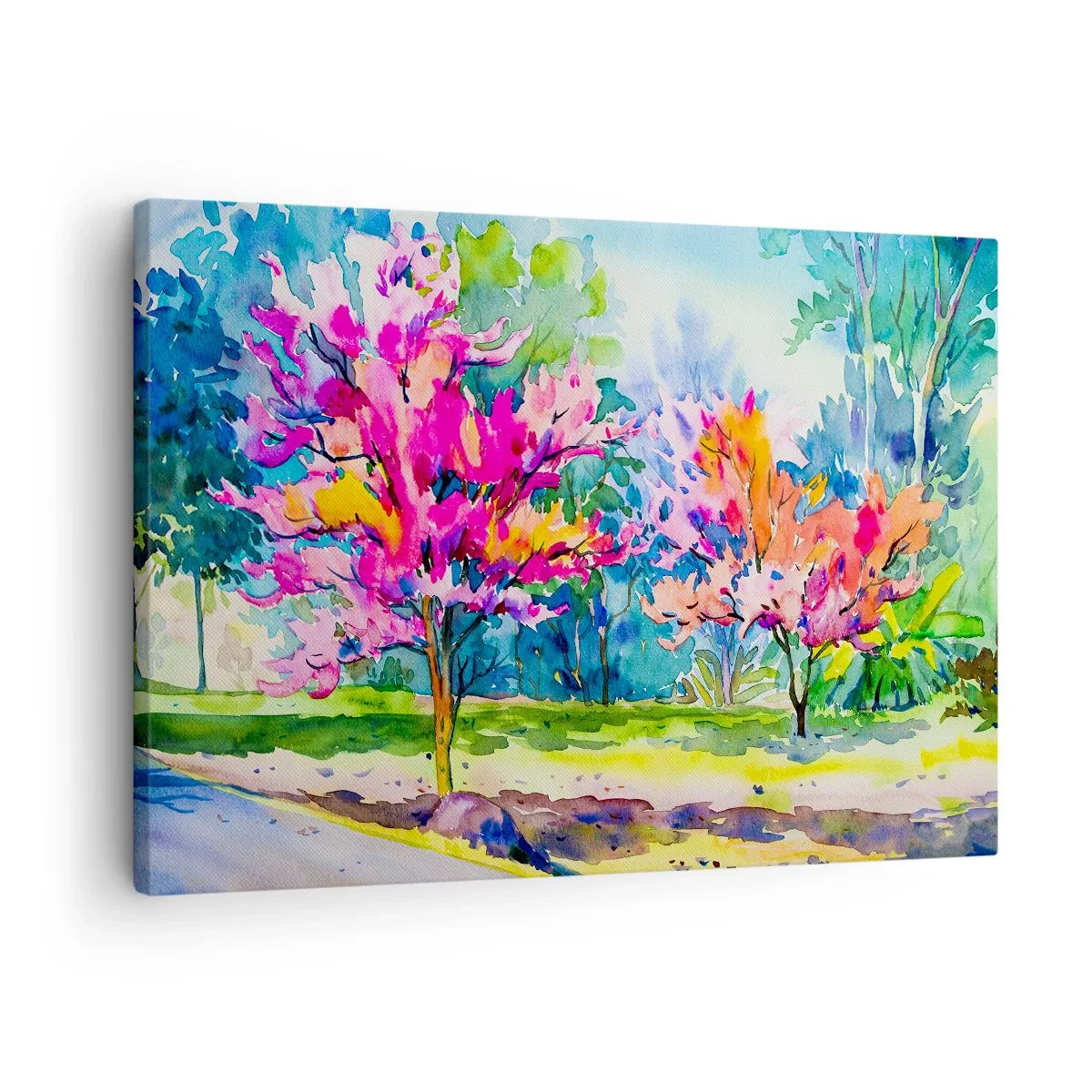 Bild auf Leinwand - Leinwandbild - Bunte Bäume in einem Park im Aquarellstil - 70x50cm - Regenbogengarten im Frühlingslicht - Moderne Wanddekoration für Wohnzimmer und Schlafzimmer ARTTOR