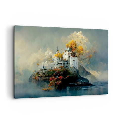 Bild auf Leinwand - Leinwandbild - Ein Schloss auf einem Hügel, umgeben von herbstlichen Bäumen - 120x80cm - Beginn einer romantischen Geschichte - Moderne Wanddekoration für Wohnzimmer und Schlafzimmer ARTTOR