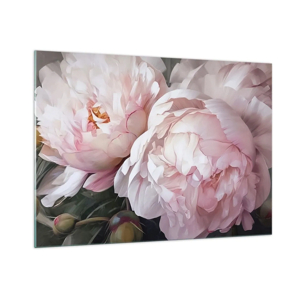 Glasbild - Bild auf glas - Zarte Pfingstrosen in einem hellen Rosaton in Nahaufnahme - 100x70cm - In der Blüte angehalten - Moderne Wanddekoration für Wohnzimmer und Schlafzimmer ARTTOR