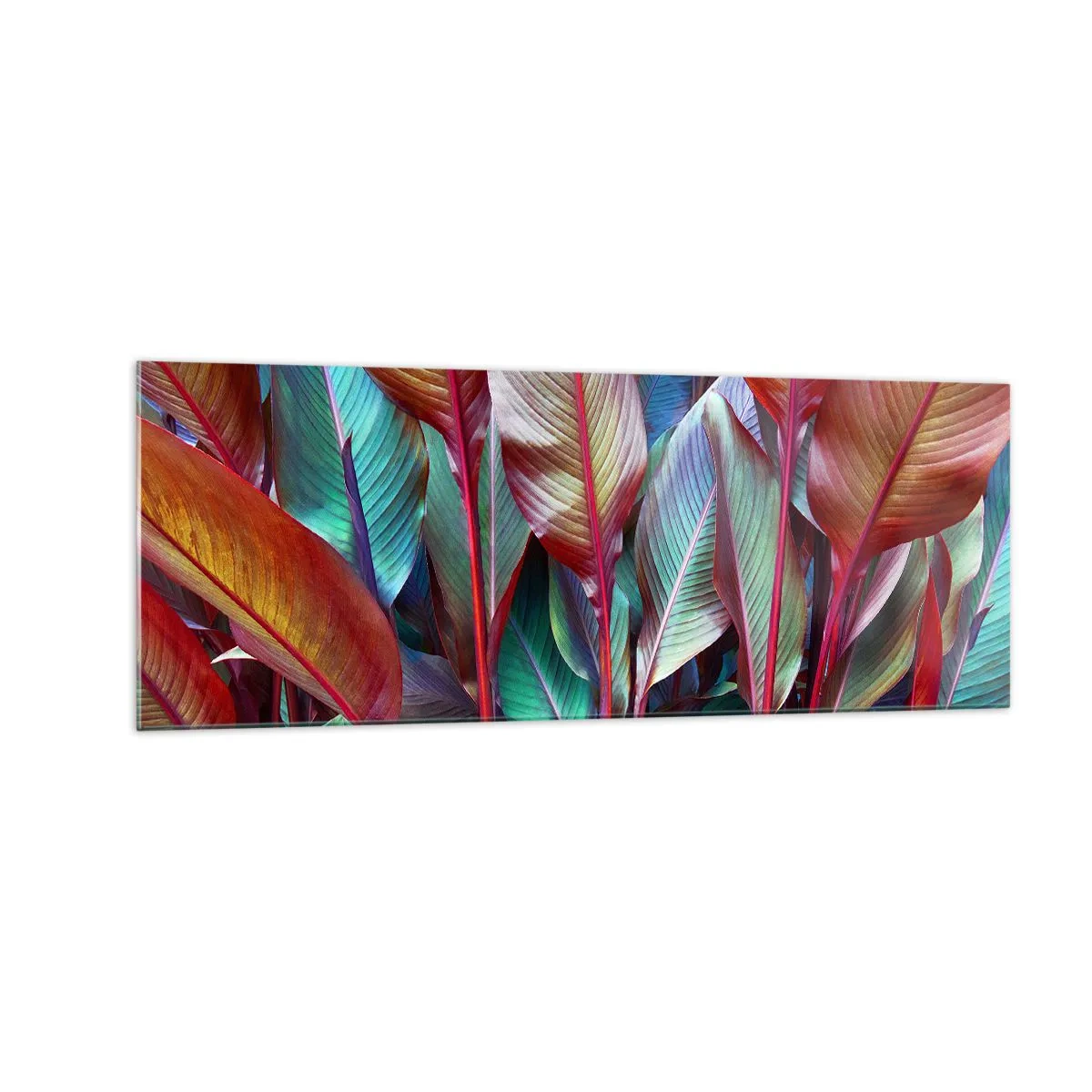 Glasbild - Bild auf glas - Bunte Blätter tropischer Pflanzen im Dickicht - 140x50cm - Buntes Dickicht - Moderne Wanddekoration für Wohnzimmer und Schlafzimmer ARTTOR