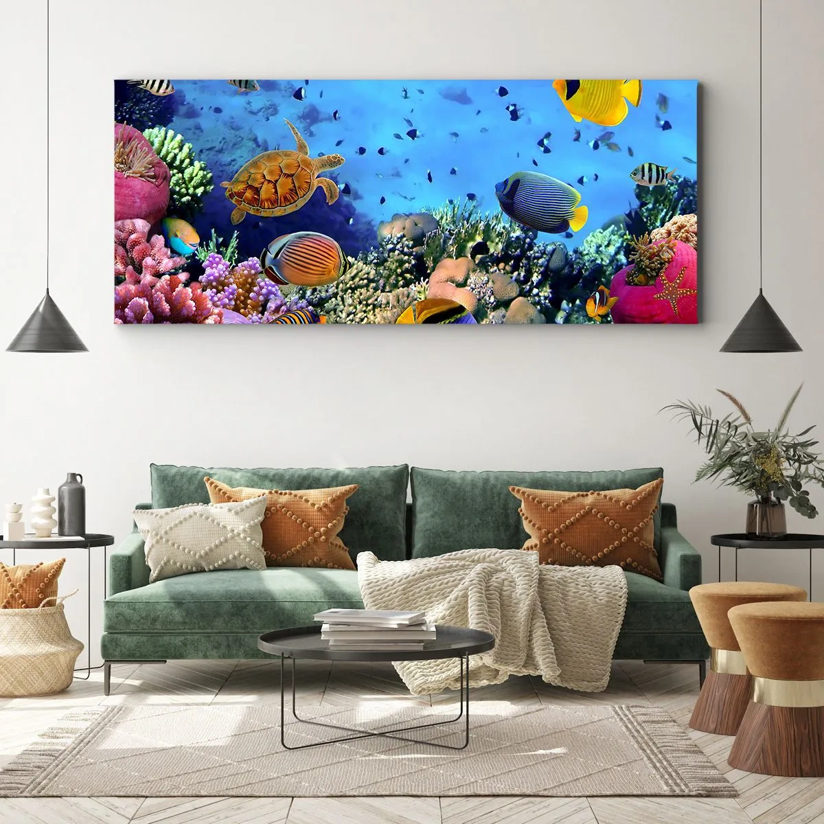 Bild auf Leinwand - Leinwandbild - Korallenriff mit bunten Fischen und einer Meeresschildkröte - 140x50cm - Und was wissen wir über das Leben ... - Moderne Wanddekoration für Wohnzimmer und Schlafzimmer ARTTOR
