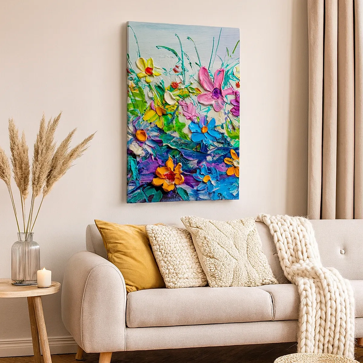 Bild auf Leinwand - Leinwandbild - Ein bunter Blumenstrauß, gemalt in der Impasto-Technik - 50x70cm - Überhaupt kein Stillleben - Moderne Wanddekoration für Wohnzimmer und Schlafzimmer ARTTOR