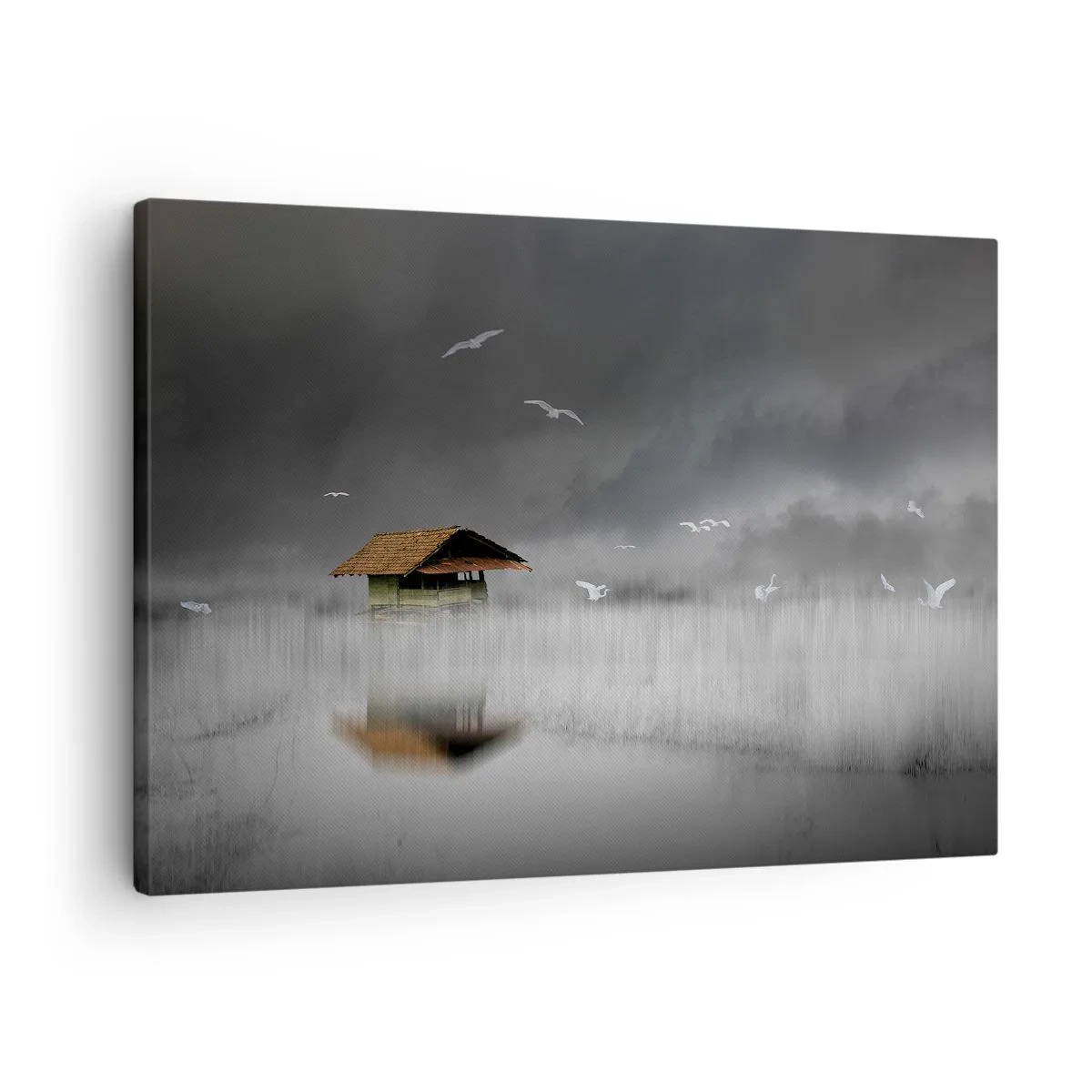 Bild auf Leinwand - Leinwandbild - Ein einsames Häuschen am Wasser, umgeben von Nebel und Vögeln - 70x50cm - Schutz vor Regen - Moderne Wanddekoration für Wohnzimmer und Schlafzimmer ARTTOR