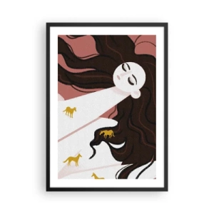 Poster in einem schwarzem Rahmen - Eine verträumte Frau mit langen Haaren und goldenen Pferden - 50x70cm - Traum von einem goldenen Pferd - Moderne Wanddekoration für Wohnzimmer und Schlafzimmer ARTTOR