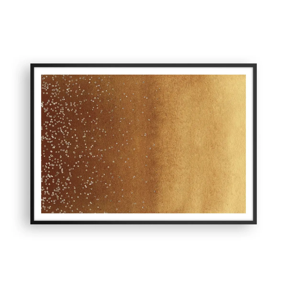 Poster in einem schwarzem Rahmen - Ein goldener Farbverlauf mit dezentem Schimmer und Verzierung - 100x70cm - Die Geburt des Lichts - Moderne Wanddekoration für Wohnzimmer und Schlafzimmer ARTTOR